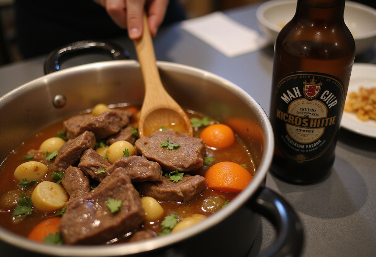 Revolviendo los ingredientes del estofado irlandés clásico en una olla con cerveza stout a un lado.