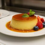 Flan de leche terminado y decorado, perfecto para vender en una exposición de postres.