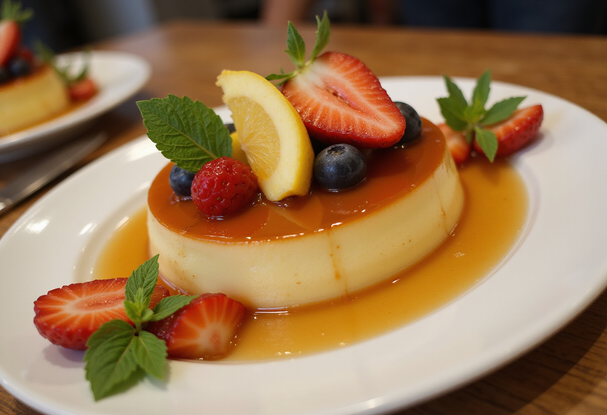 Flan de leche terminado y decorado, perfecto para vender en una exposición de postres.