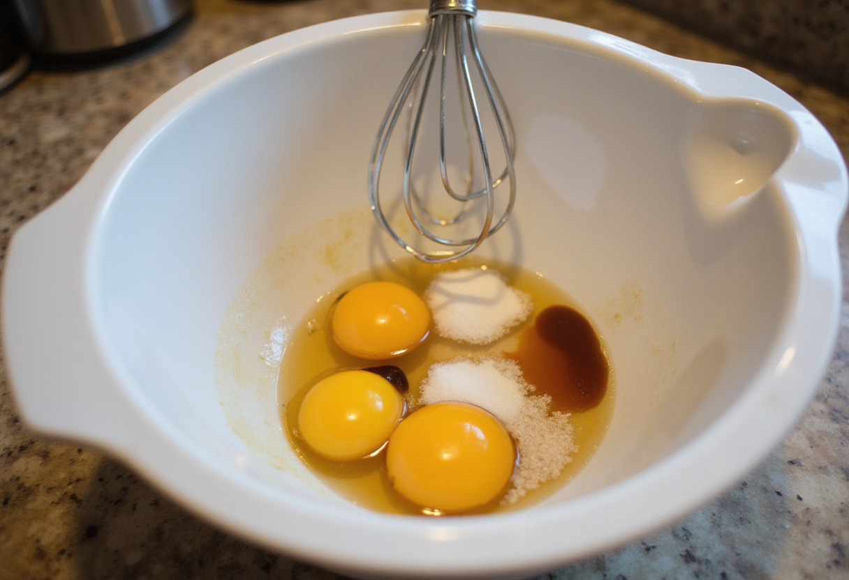 Ingredientes para receta de flan: huevos frescos, azúcar y extracto de vainilla en un tazón de mezcla.