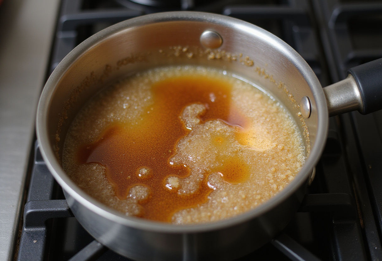 Proceso de caramelo para flan casero, azúcar derritiéndose en una cacerola para receta de flan.