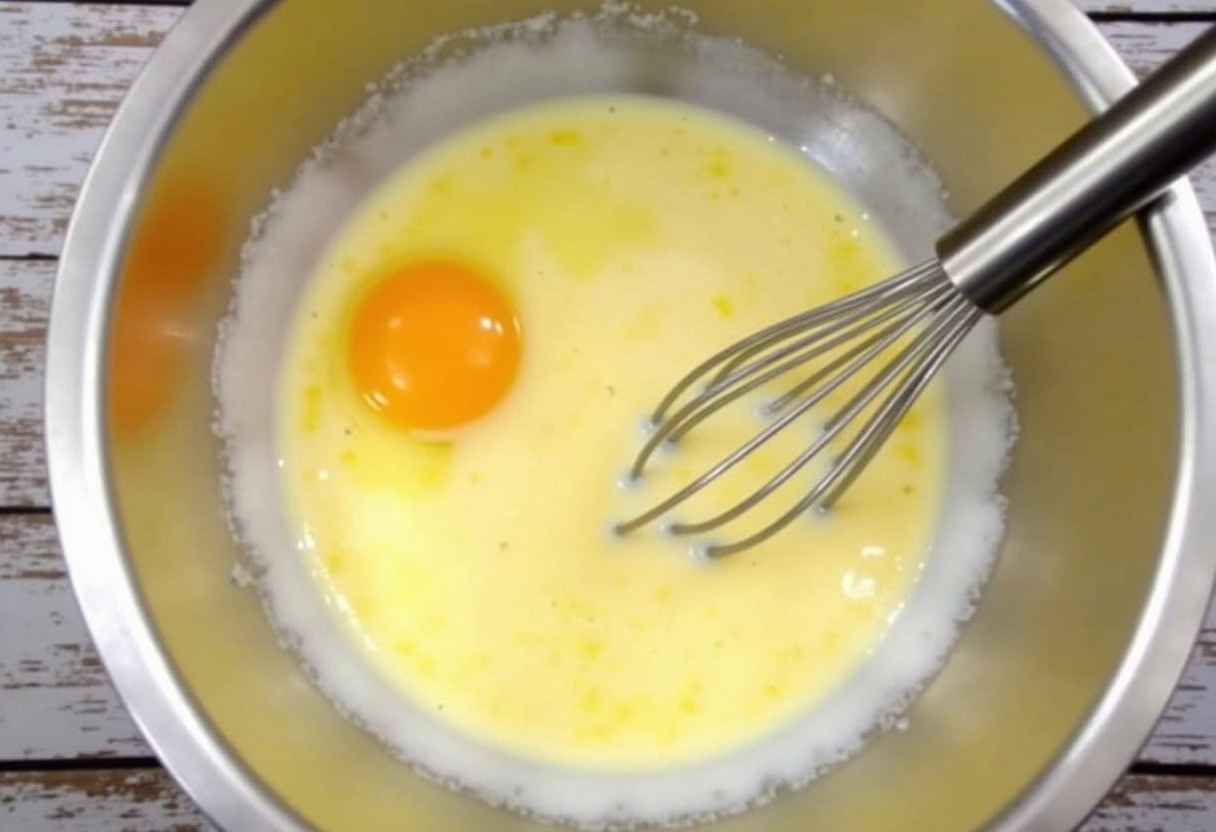 Mezcla de huevos y leche para flan de huevo, suavemente combinando ingredientes para receta de flan fácil.
