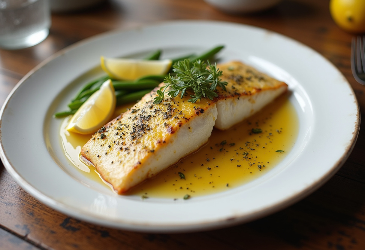 Filete de pescado con salsa de mostaza y limón, presentado en un plato atractivo.