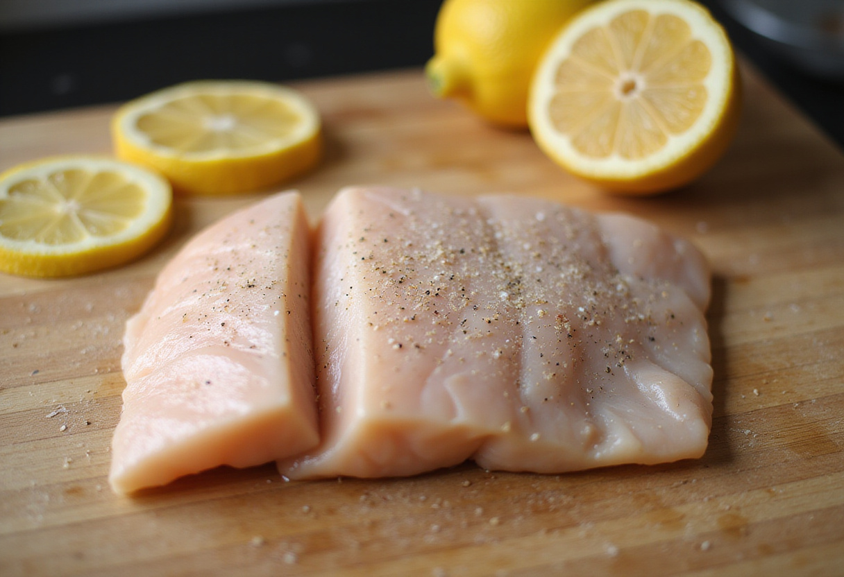 Filete de pescado fresco sazonado con sal y pimienta, listo para la receta de pescado.