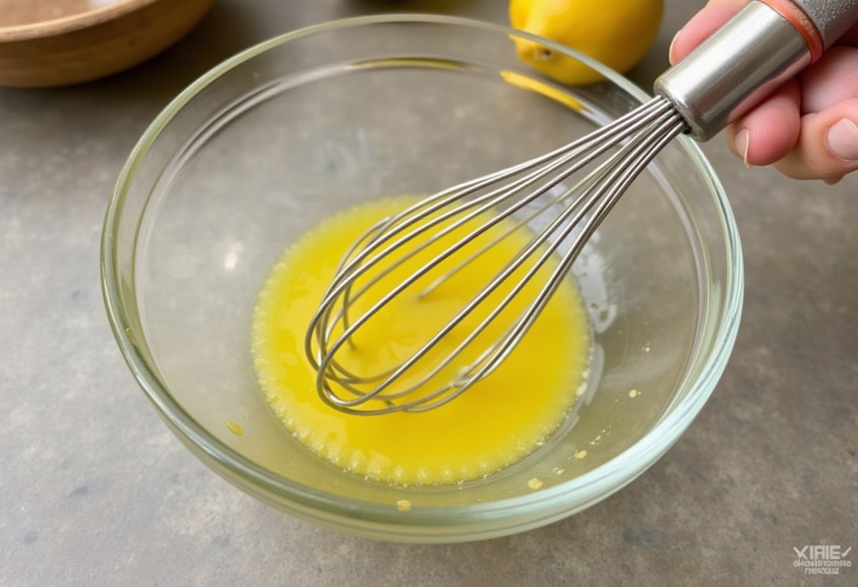 Salsa de mostaza y limón mezclada en un tazón, ideal para el filete de pescado.