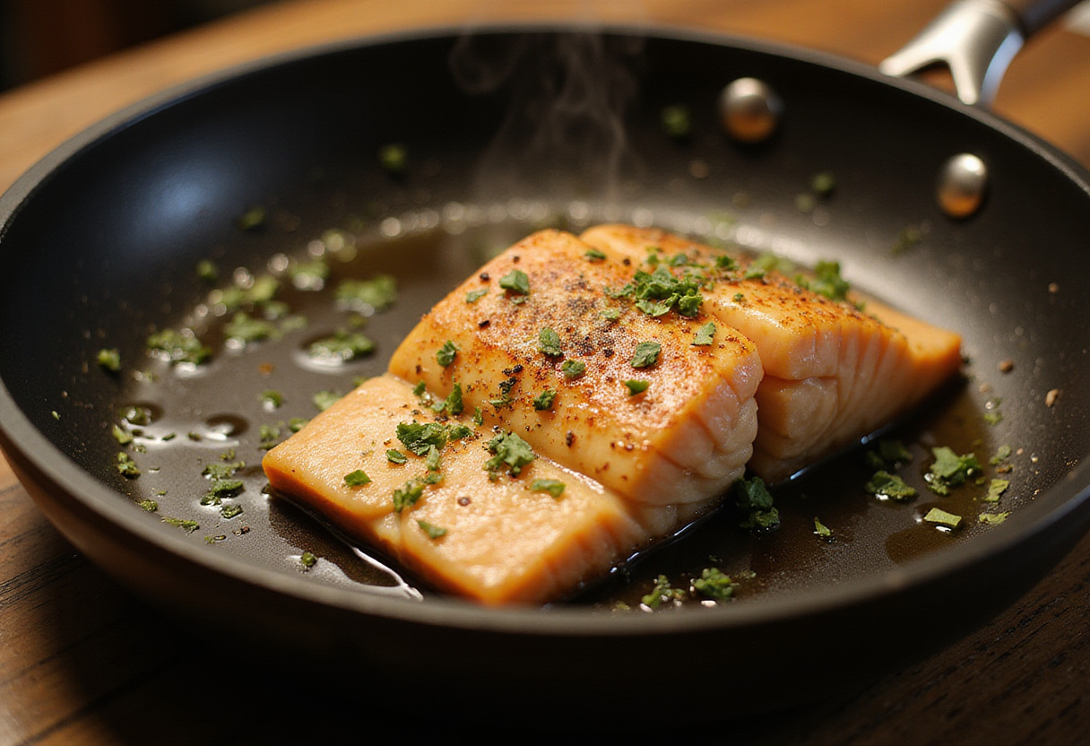 Filete de pescado cocinándose en una sartén caliente con aceite de oliva, preparado para la salsa de limón.