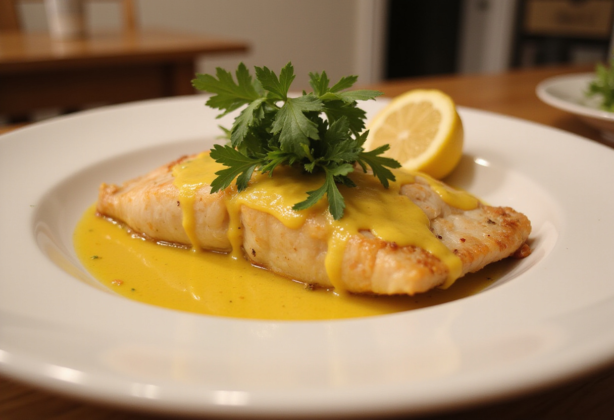 Filete de pescado cubierto con salsa de mostaza y limón, listo para servir.