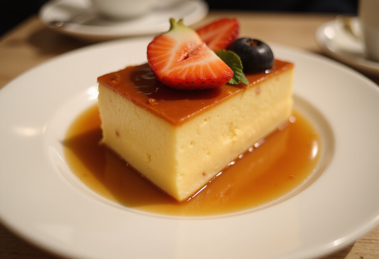 PorciĂłn de flan de maicena terminada, ideal para servir como postre de flan en celebraciones.