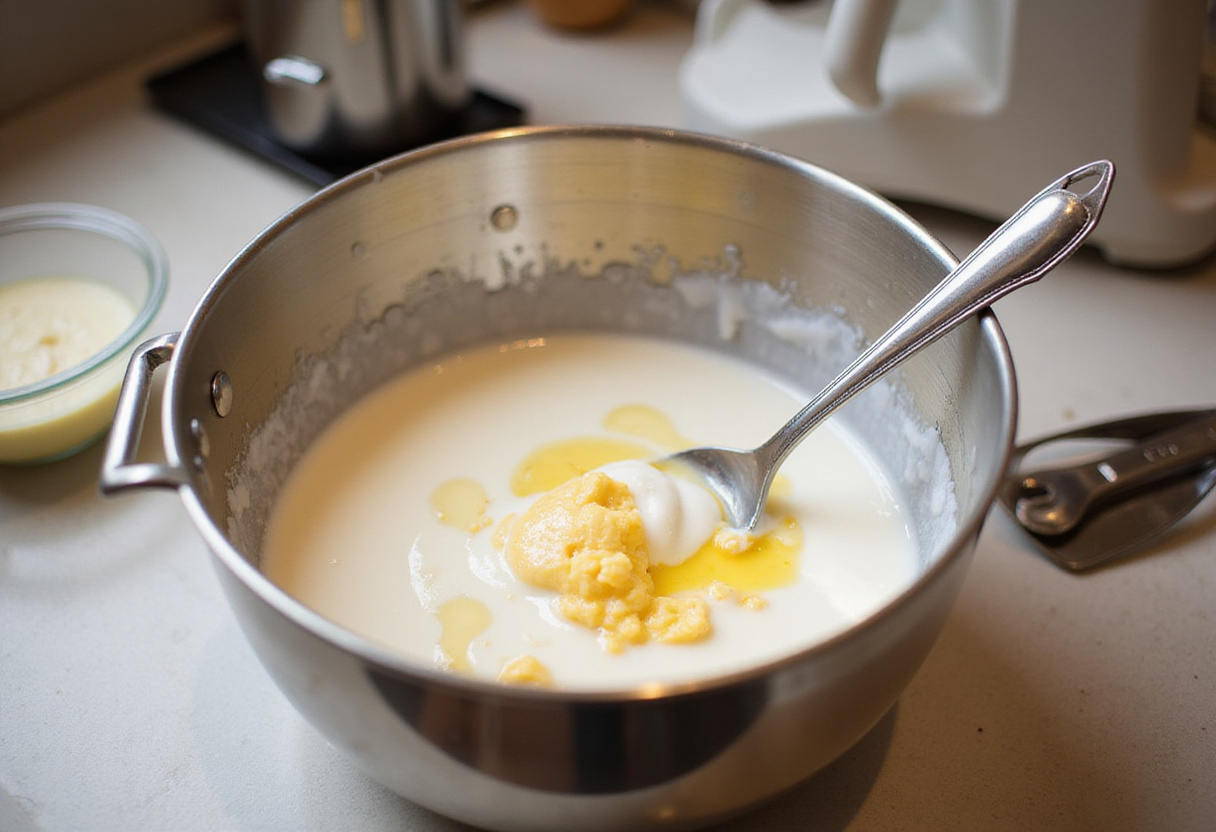 PreparaciĂłn de la mezcla de flan de maicena en un tazĂłn para la receta de flan de maicena.