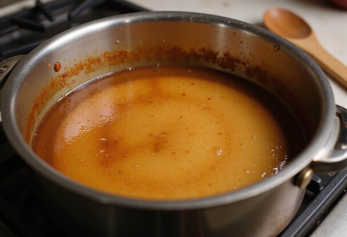 Caramelo en una cacerola para el flan fácil, listo para el molde de flan casero.
