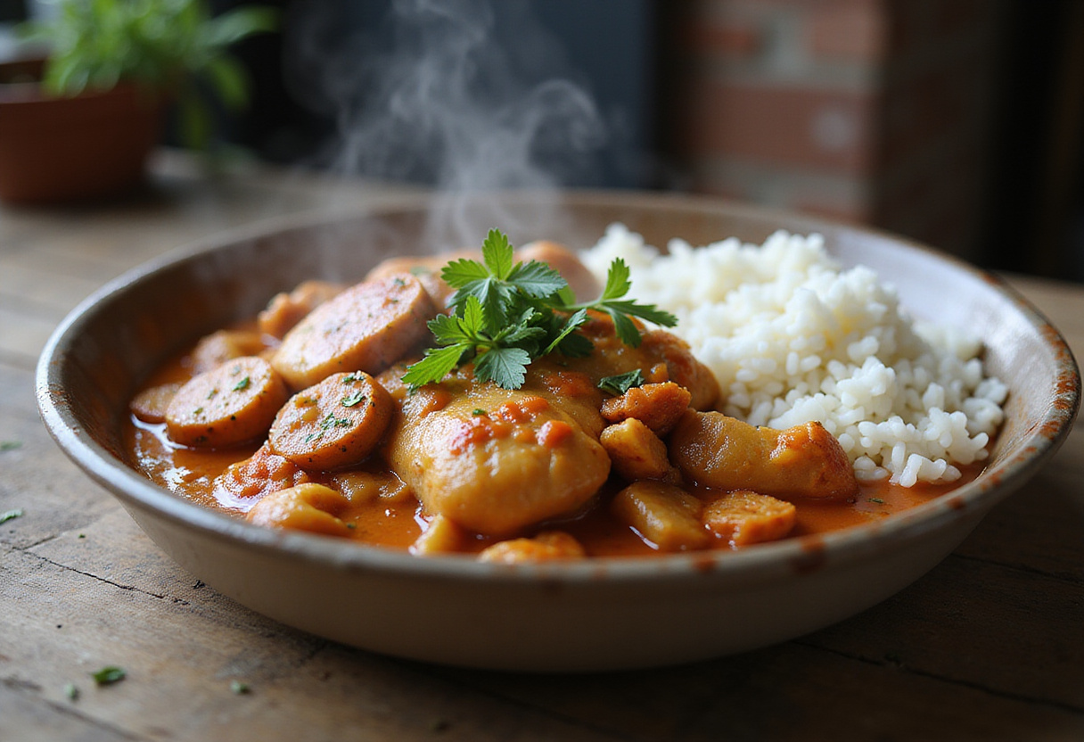 Delicioso fricasé de pollo servido con arroz, perfecto para una comida familiar nutritiva.