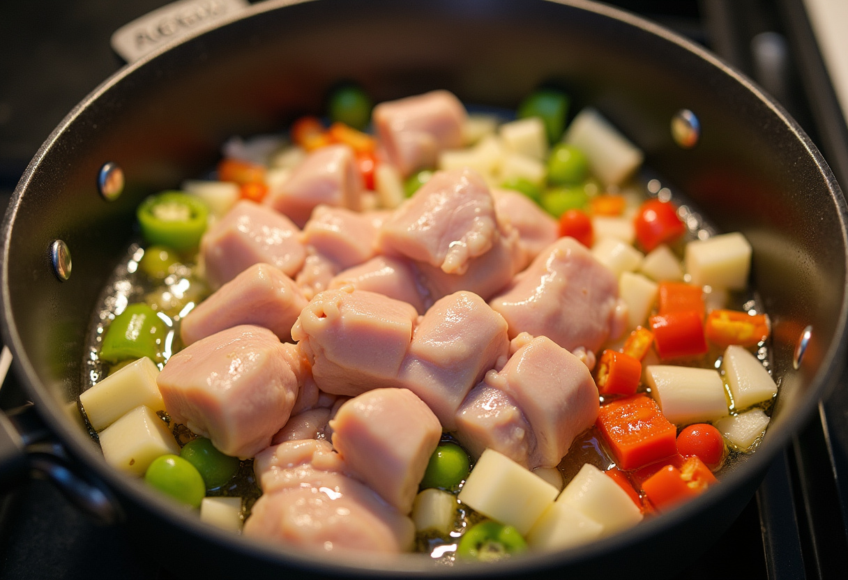 Pollo troceado sofriéndose en aceite para el fricasé de pollo casero.