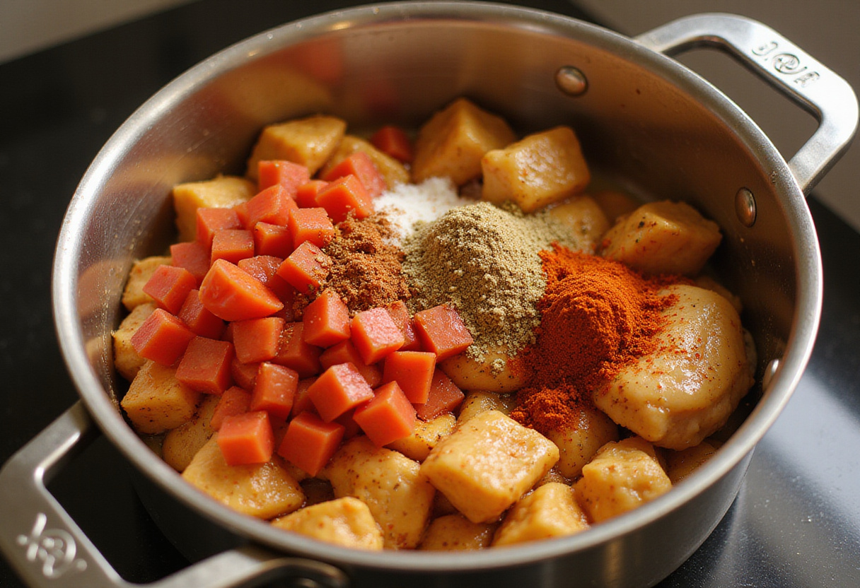 Tomates en cubos y especias añadidas al pollo sofrito para la receta de fricasé.