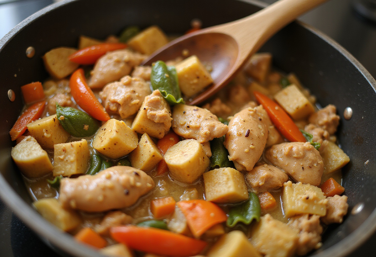 Removiendo la mezcla de pollo para la preparación del fricasé de pollo fácil.