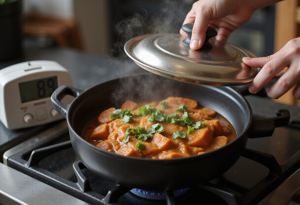 Cubriendo la olla mientras el fricasé de pollo hierve a fuego lento en la estufa.