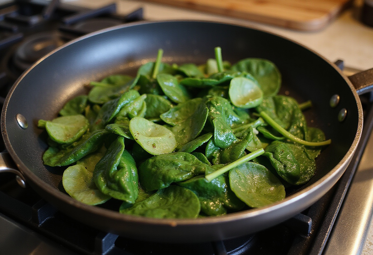 Espinacas frescas cocinándose en la sartén para la receta de frittata.