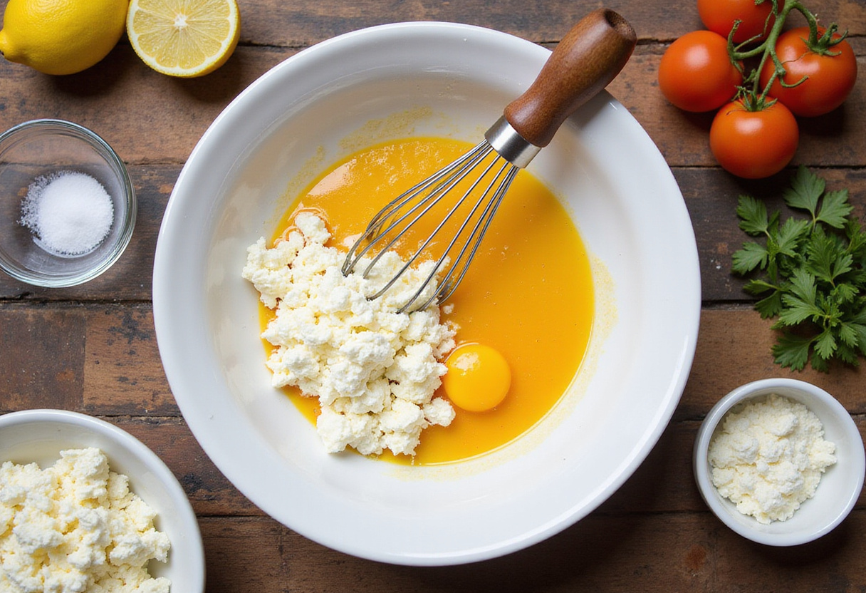 Mezcla de huevos batidos y queso fresco para la receta de frittata de espinacas.