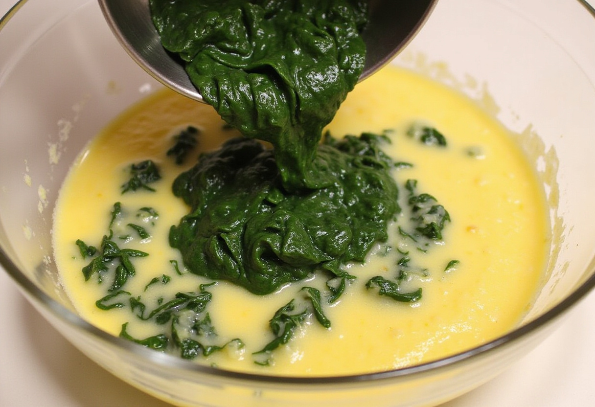 Espinacas salteadas incorporándose a la mezcla de huevos y queso para frittata fácil.