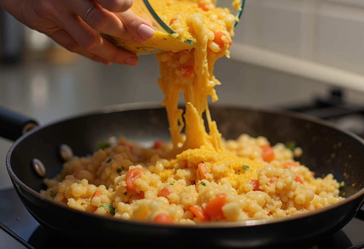 Preparación de frittata de espinacas y queso fresco siendo vertida en la sartén.