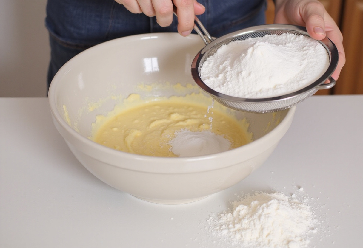 Tamizando fécula de maíz para la receta de galletas que se deshacen en la boca.
