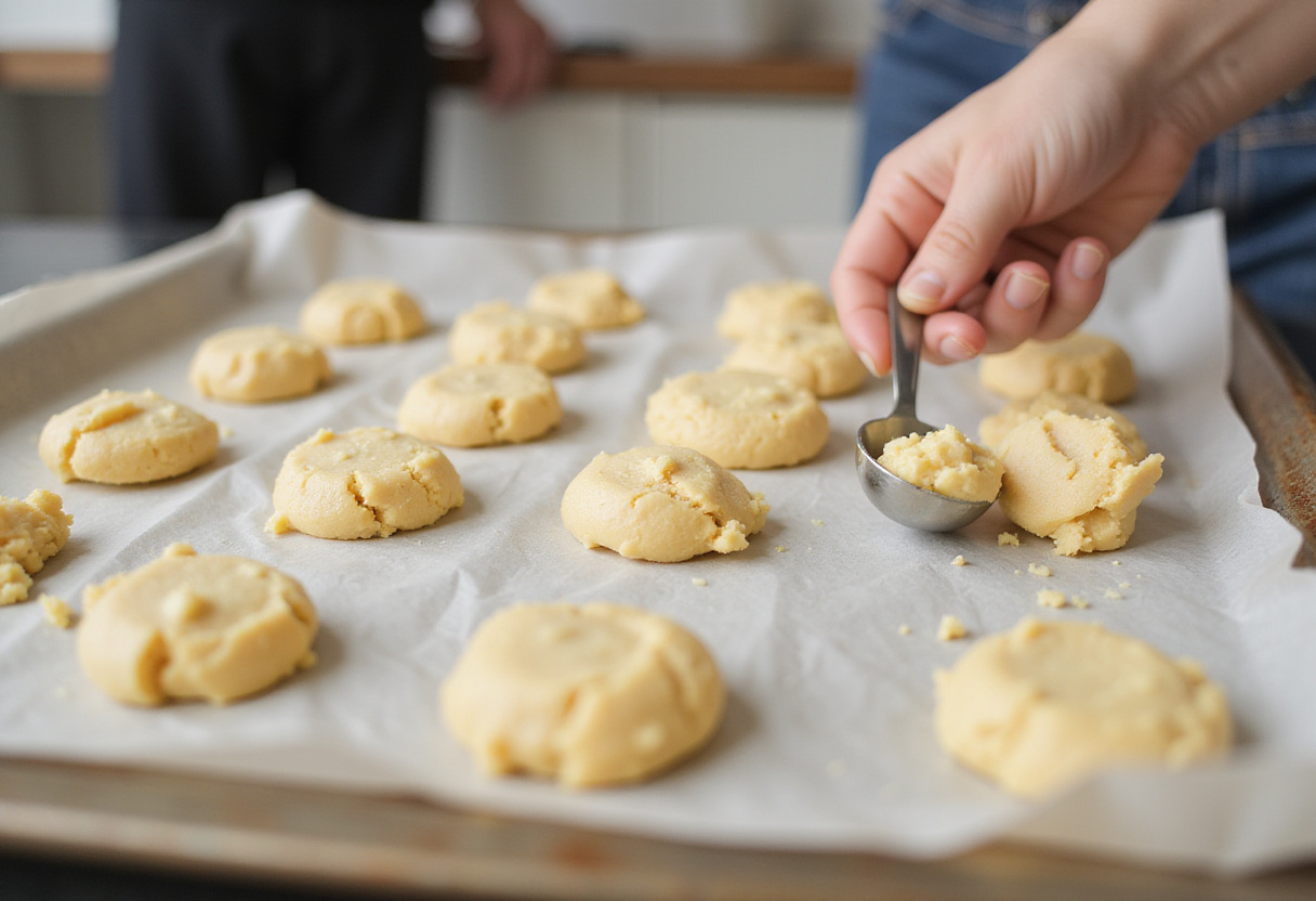 Formando la masa de galletas de fécula de maíz en una bandeja para hornear.
