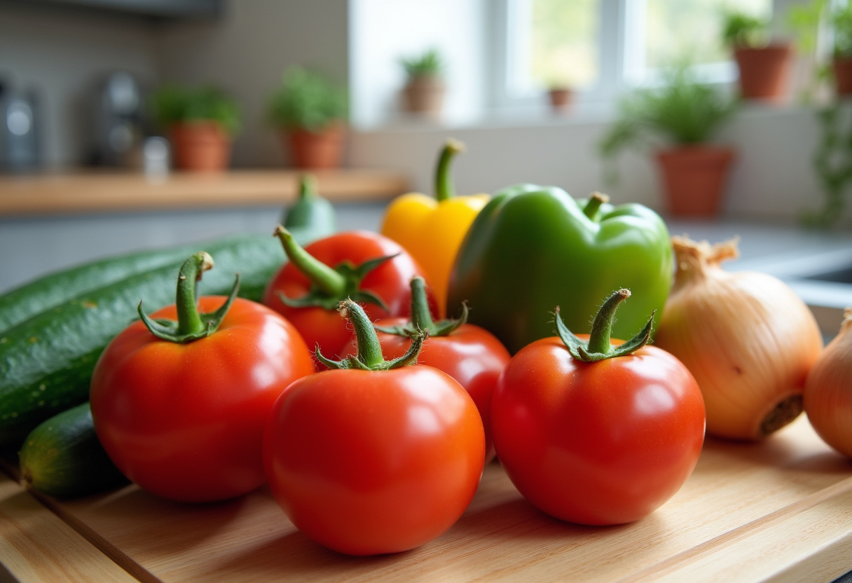 Verduras frescas preparadas para gazpacho andaluz clásico, incluyendo tomates y pepinos.