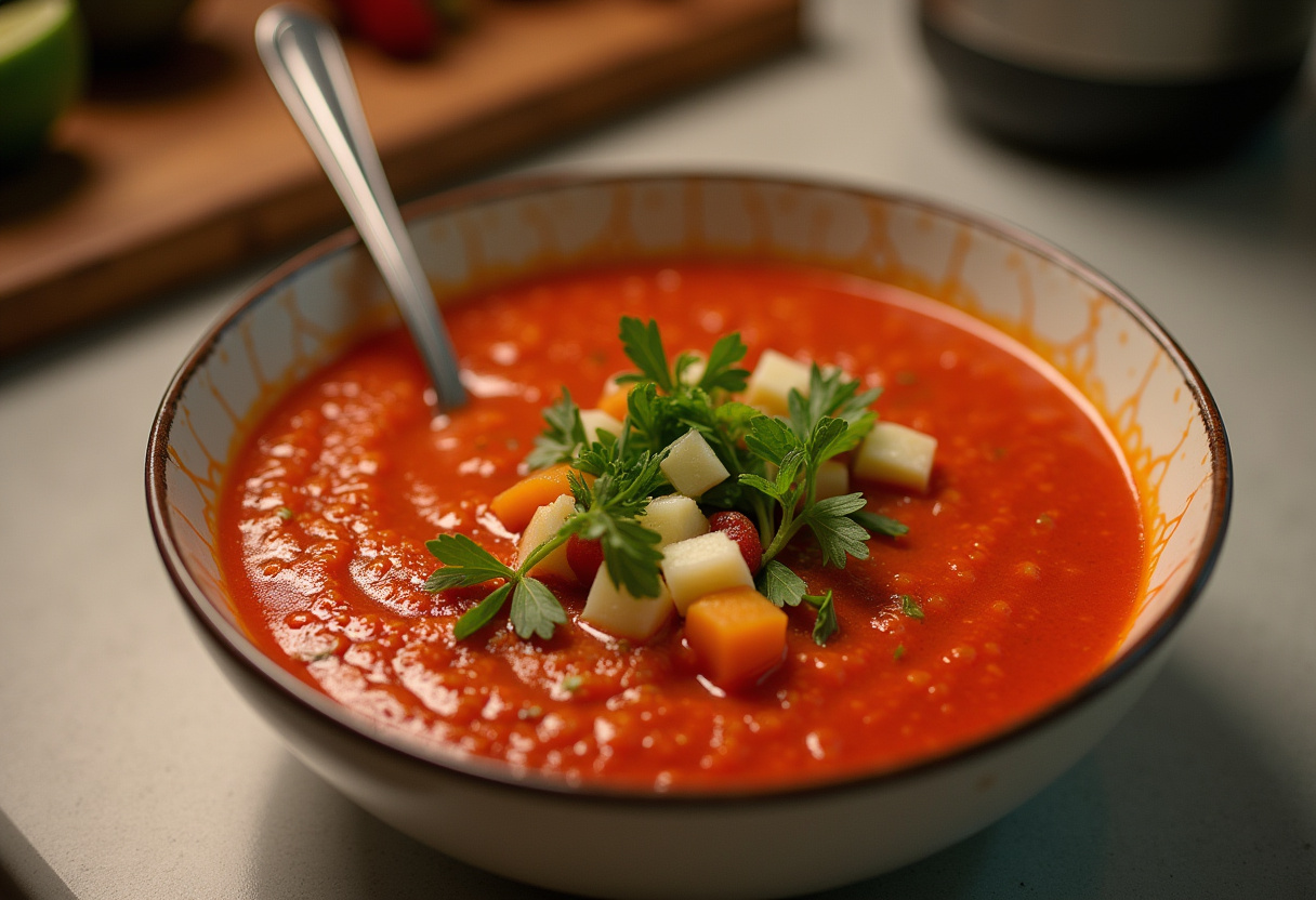 Bol de gazpacho andaluz clásico rojo adornado con hierbas, listo para degustar.