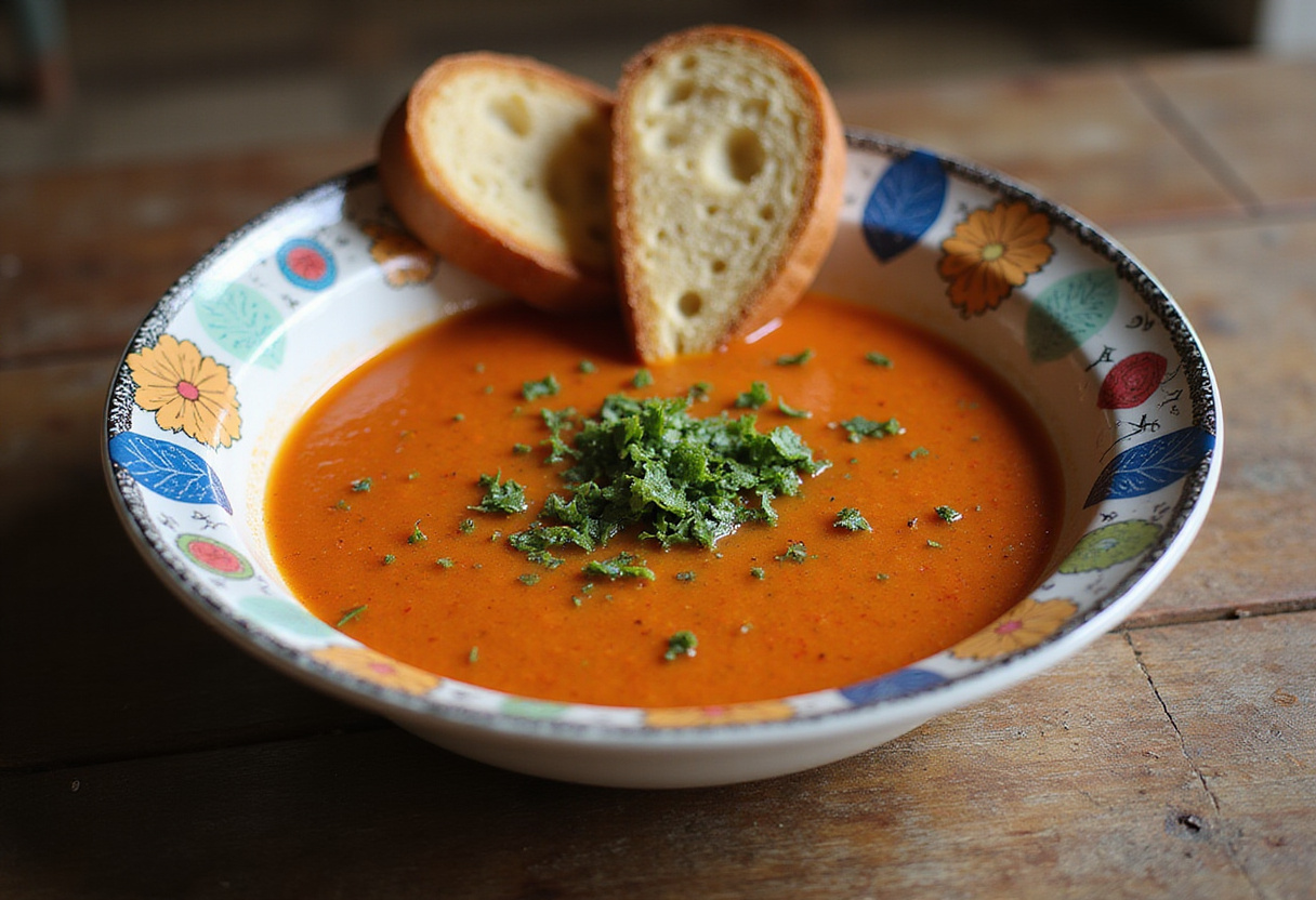 Porción de gazpacho andaluz clásico con rebanadas de pan, perfecto para una comida refrescante.