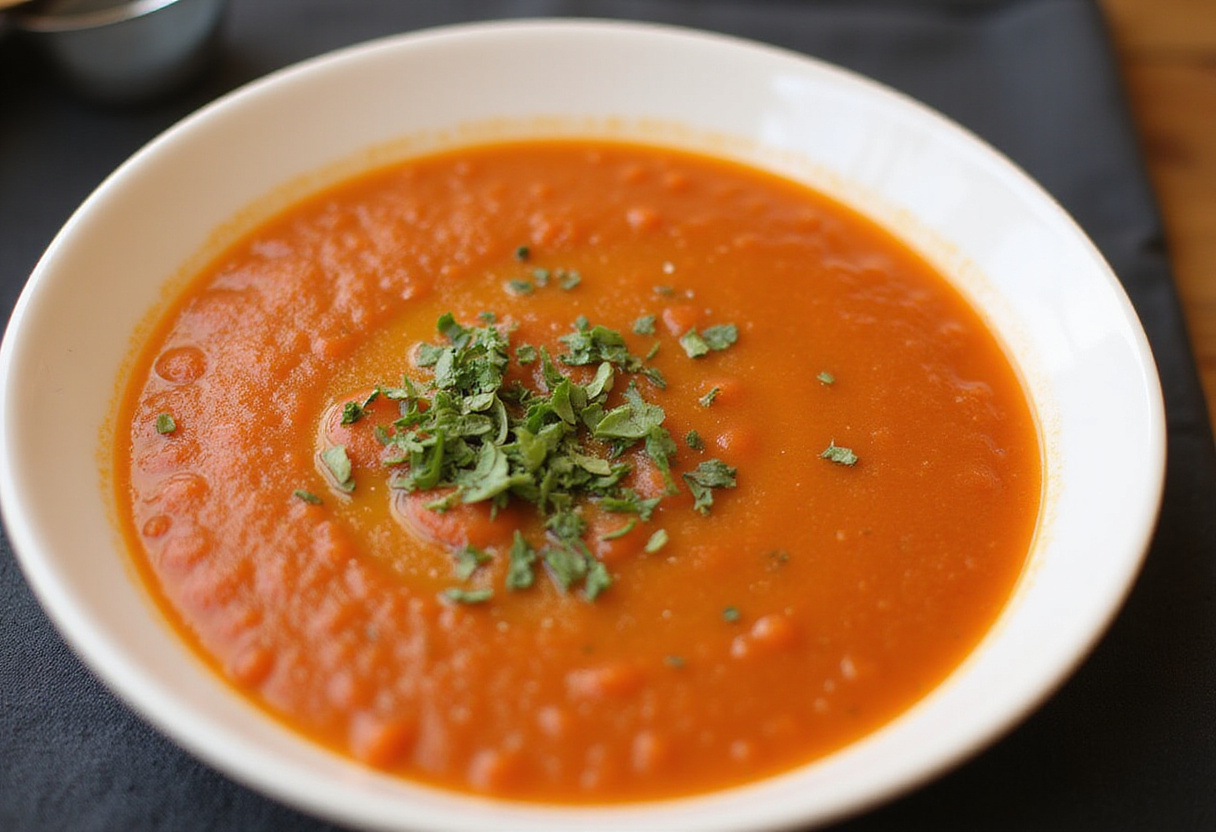 Cuenco de gazpacho andaluz fácil elegantemente presentado, rico en color y textura, ideal para una comida refrescante.