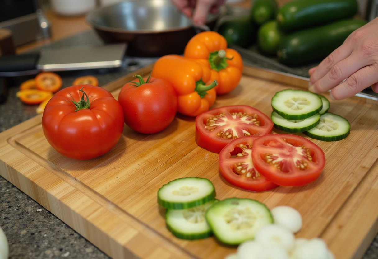 Verduras frescas cortándose para la preparación del gazpacho andaluz fácil.