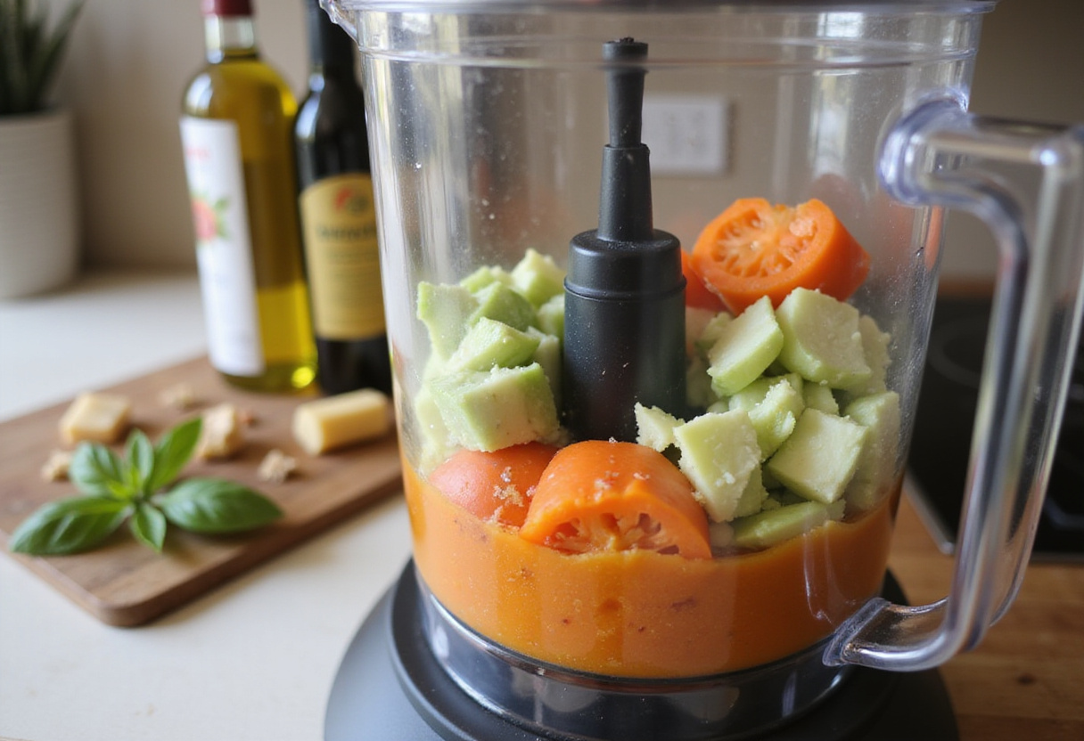 Triturando los ingredientes para obtener una textura suave de gazpacho andaluz fácil.
