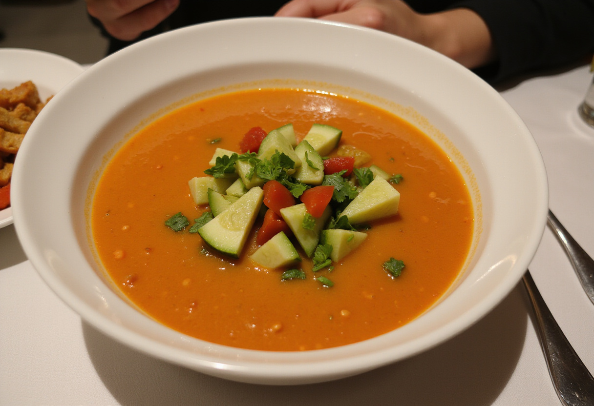 Gazpacho andaluz fácil triturado, listo para servir con una guarnición de verduras frescas.
