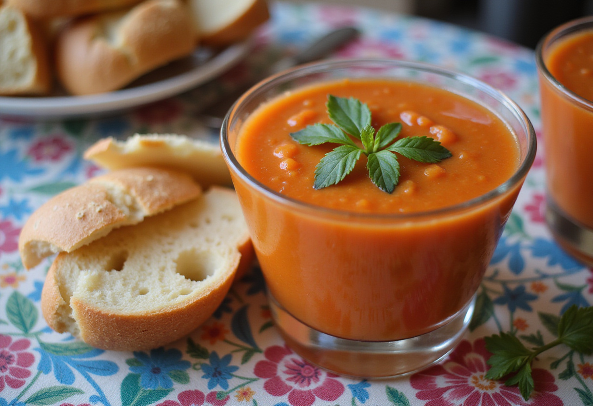 Gazpacho andaluz fácil frío servido en vasos decorativos con pan a un lado.