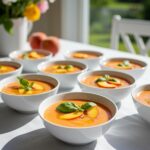 Gazpacho de durazno frío, presentado elegantemente para una reunión de verano.