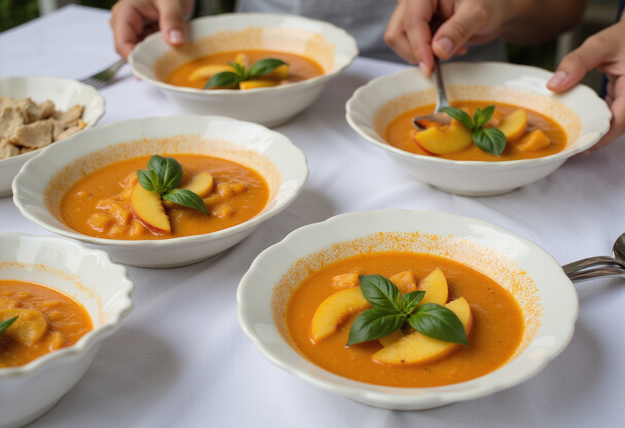 Gazpacho de durazno frío, presentado elegantemente para una reunión de verano.