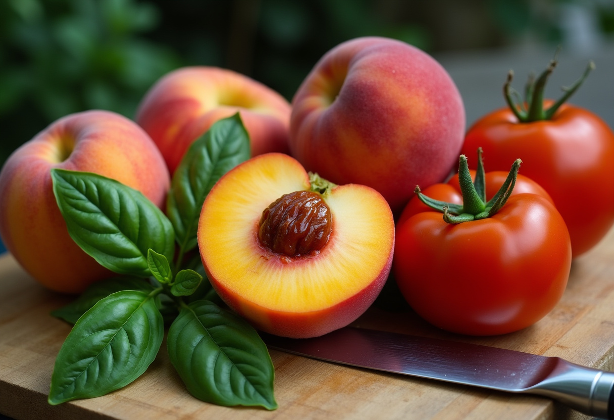 Ingredientes frescos para gazpacho de durazno: duraznos, albahaca y tomates sobre una tabla de cortar.
