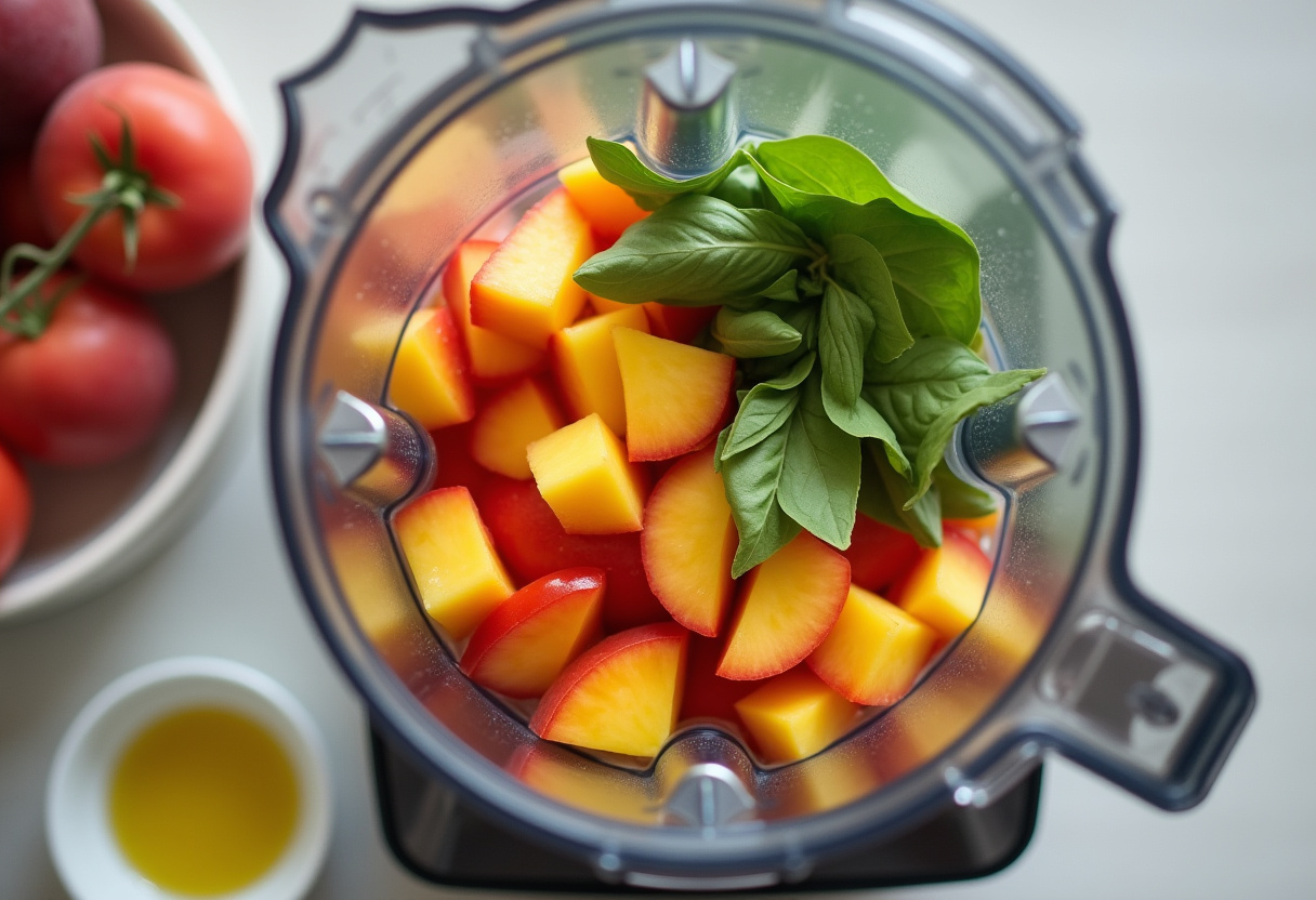 Preparación del gazpacho de durazno en una licuadora, con ingredientes frescos listos para mezclar.