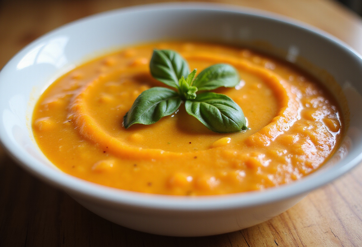Gazpacho de durazno fresco en un tazón, decorado con albahaca y aceite de oliva.