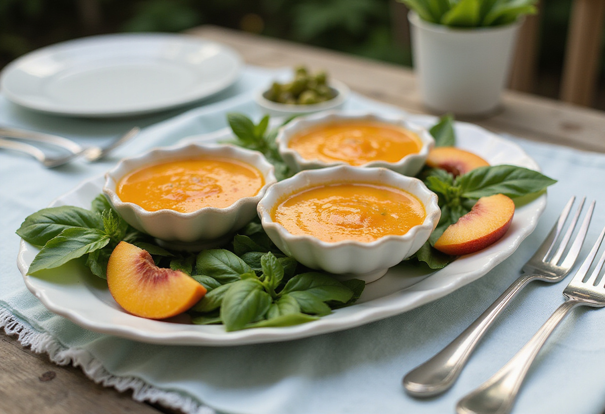 Gazpacho de durazno servido en un plato elegante, ideal para un aperitivo de verano.