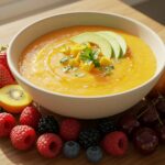Bowl de gazpacho proteico de mango, listo para disfrutar en un día veraniego.