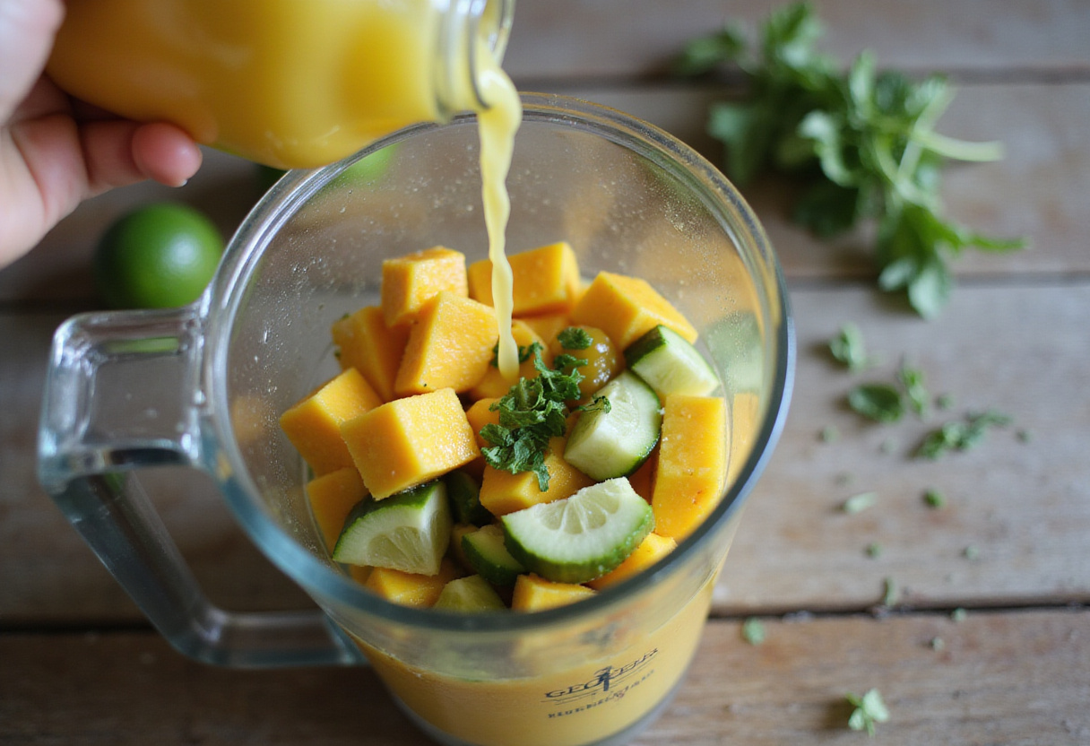 Ingredientes frescos para gazpacho de mango siendo mezclados en una licuadora.