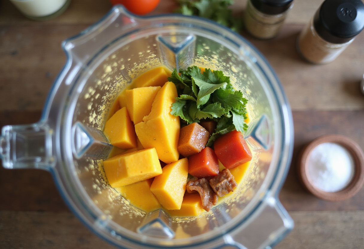 Licuadora haciendo gazpacho saludable con mango y verduras.