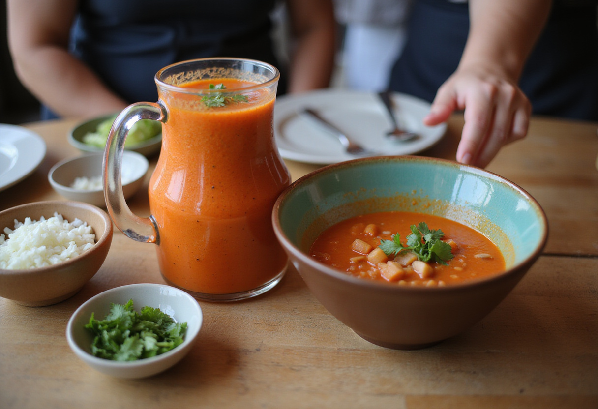Viendo cómo se llena una jarra con gazpacho fresco y nutritivo de mango.