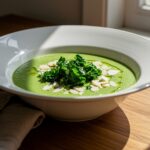 Gazpacho verde terminado, ideal para un día de verano y servido con kale y almendras.