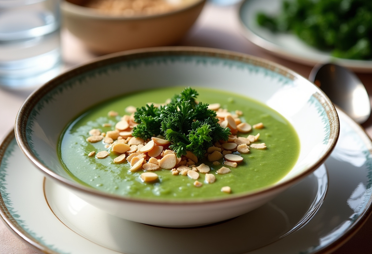Gazpacho verde terminado, ideal para un día de verano y servido con kale y almendras.
