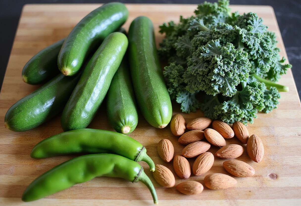 Ingredientes frescos para hacer gazpacho verde, incluyendo pepinos, pimientos verdes, kale y almendras.