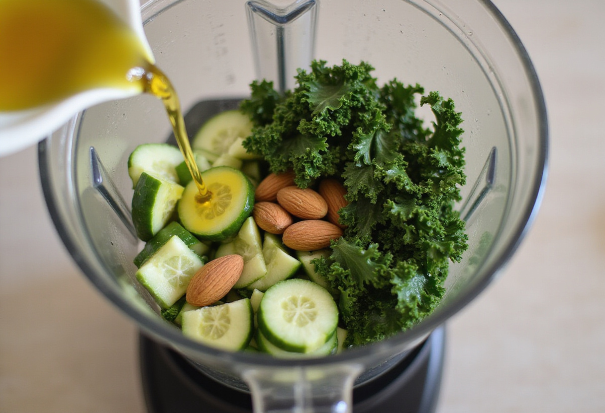 Preparación de gazpacho verde en licuadora con ingredientes frescos y aceite de oliva.