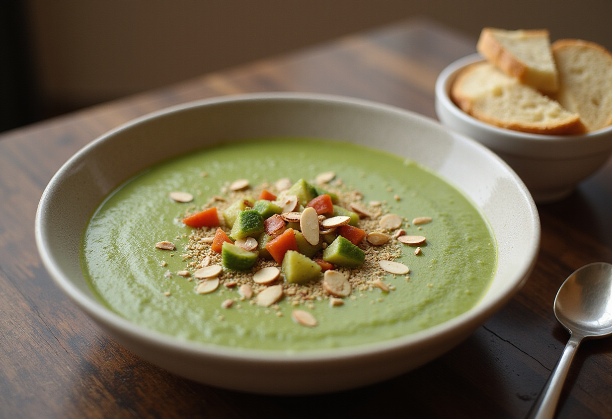 Sopa fría de gazpacho verde siendo decorada con verduras y almendras.