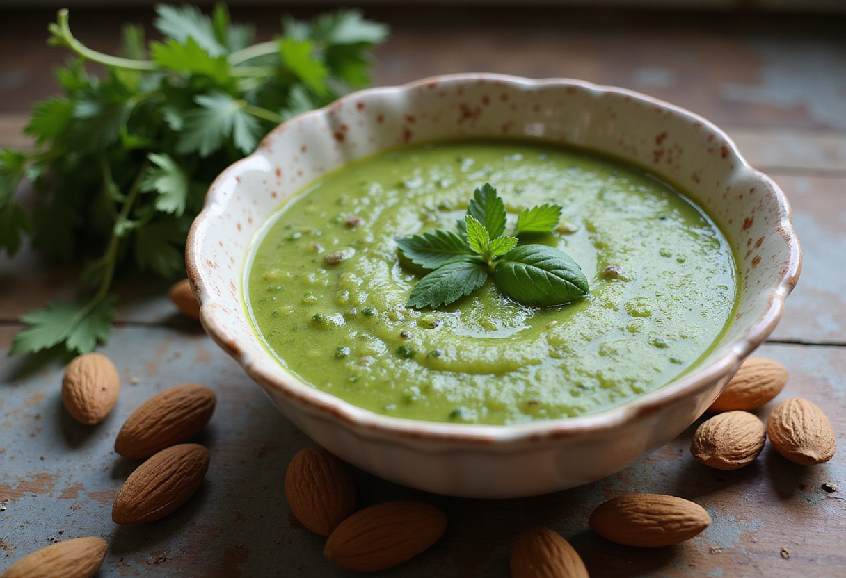 Gazpacho verde en un plato rústico, ideal para una sopa fría saludable y sabrosa.