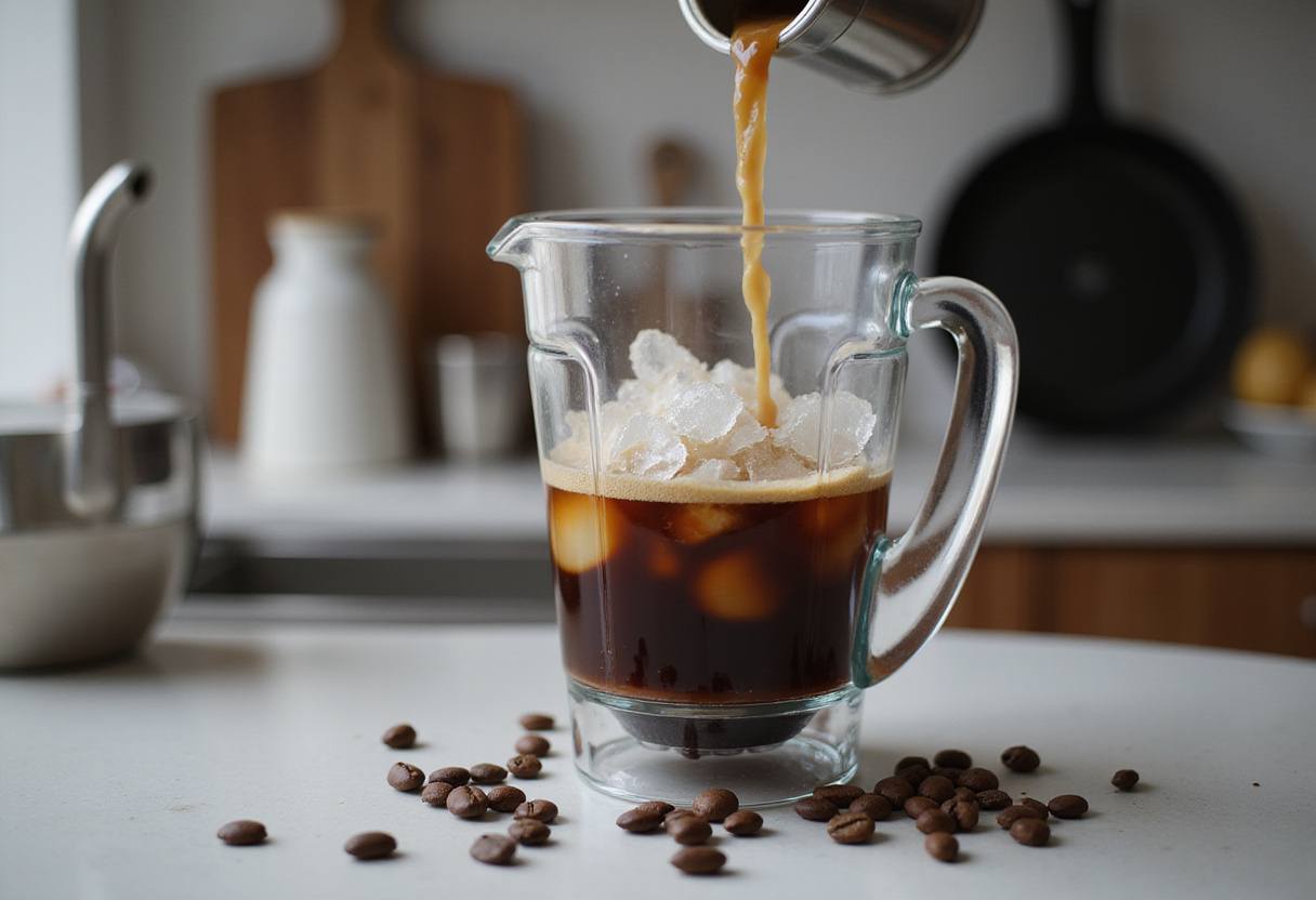 Preparando granizado de café con hielo triturado y café recién hecho en la licuadora.